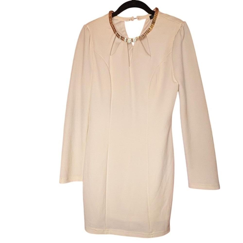 CALS Women's Cream Long Sleeve‎ Mini Dress Gold -Tone Collar Keyhole Size L
